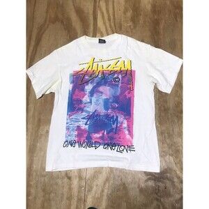 stussy One World One Love  t shirt Adult M White Short Sleeve Crew Neck  @J1